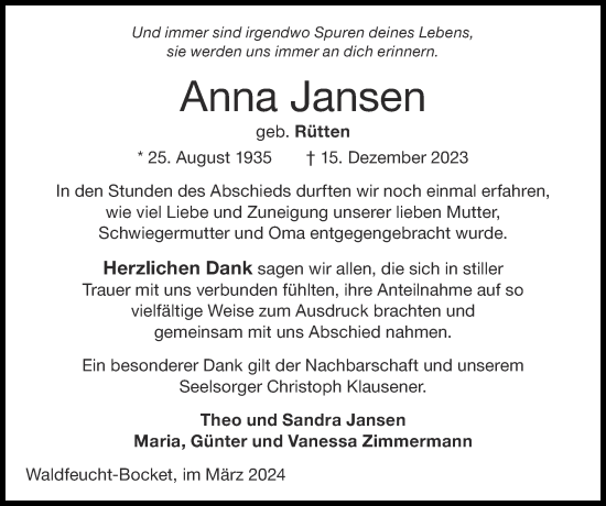 Traueranzeige von Anna Jansen von Zeitung am Sonntag