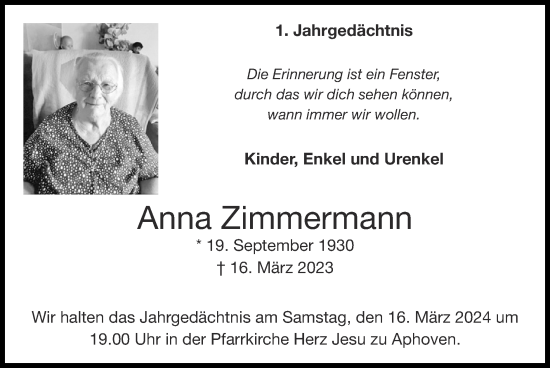 Traueranzeige von Anna Zimmermann von Zeitung am Sonntag