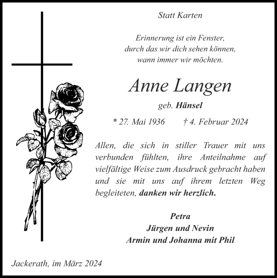 Traueranzeige von Anne Langen von Zeitung am Sonntag