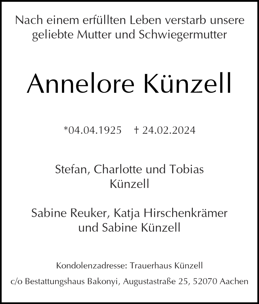  Traueranzeige für Annelore Künzell vom 10.03.2024 aus Zeitung am Sonntag