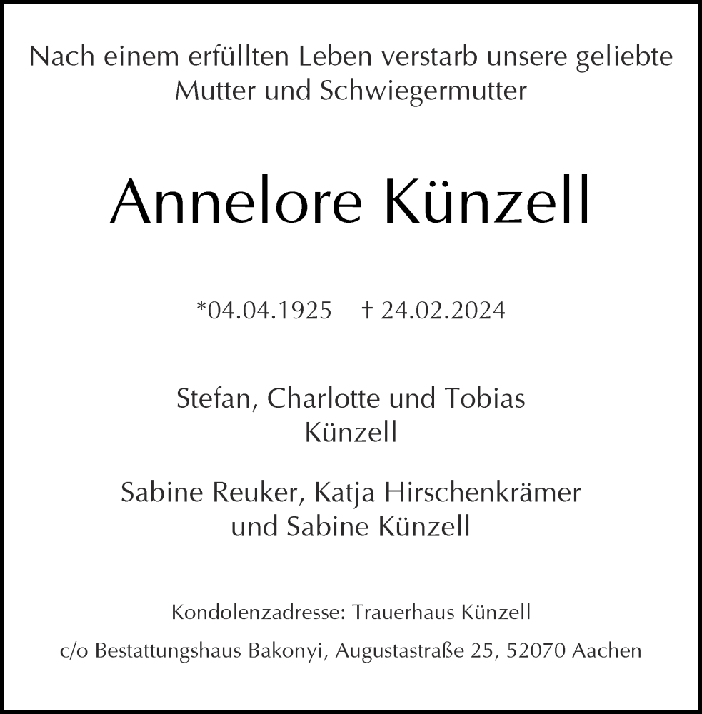  Traueranzeige für Annelore Künzell vom 09.03.2024 aus Aachener Zeitung