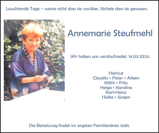 Traueranzeige von Annemarie Steufmehl von Zeitung am Sonntag