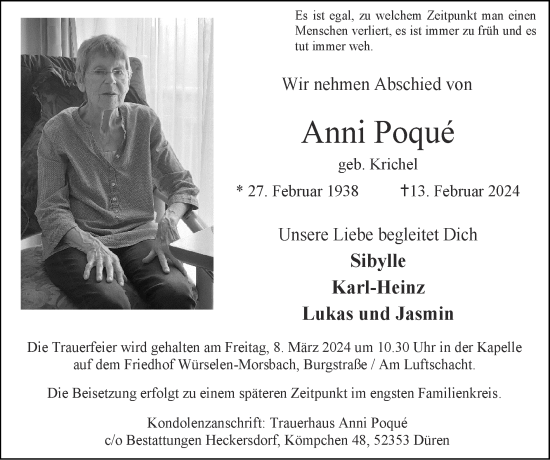 Traueranzeige von Anni Poqué von Zeitung am Sonntag