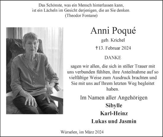Traueranzeige von Anni Poqué von Zeitung am Sonntag