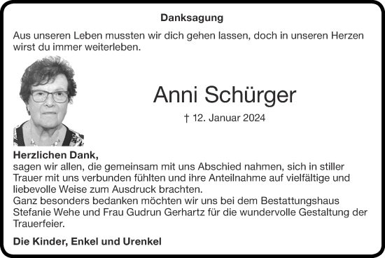 Traueranzeige von Anni Schürger von Zeitung am Sonntag