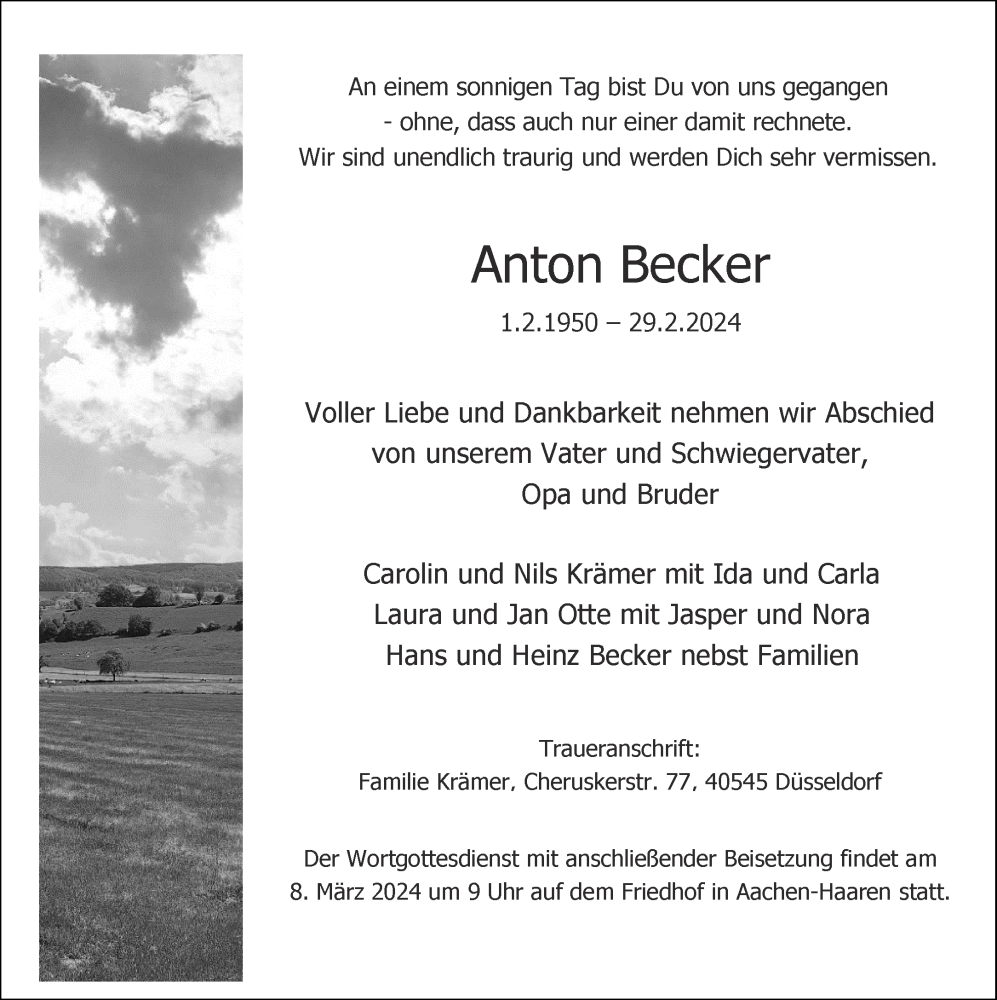  Traueranzeige für Anton Becker vom 05.03.2024 aus Aachener Zeitung