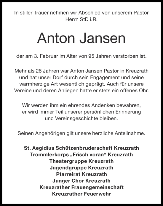 Traueranzeige von Anton Jansen von Zeitung am Sonntag