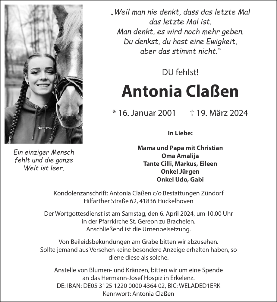  Traueranzeige für Antonia Claßen vom 31.03.2024 aus Zeitung am Sonntag