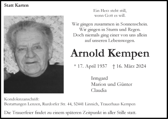 Traueranzeige von Arnold Kempen von Zeitung am Sonntag