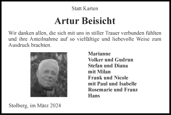 Traueranzeige von Artur Beisicht von Zeitung am Sonntag