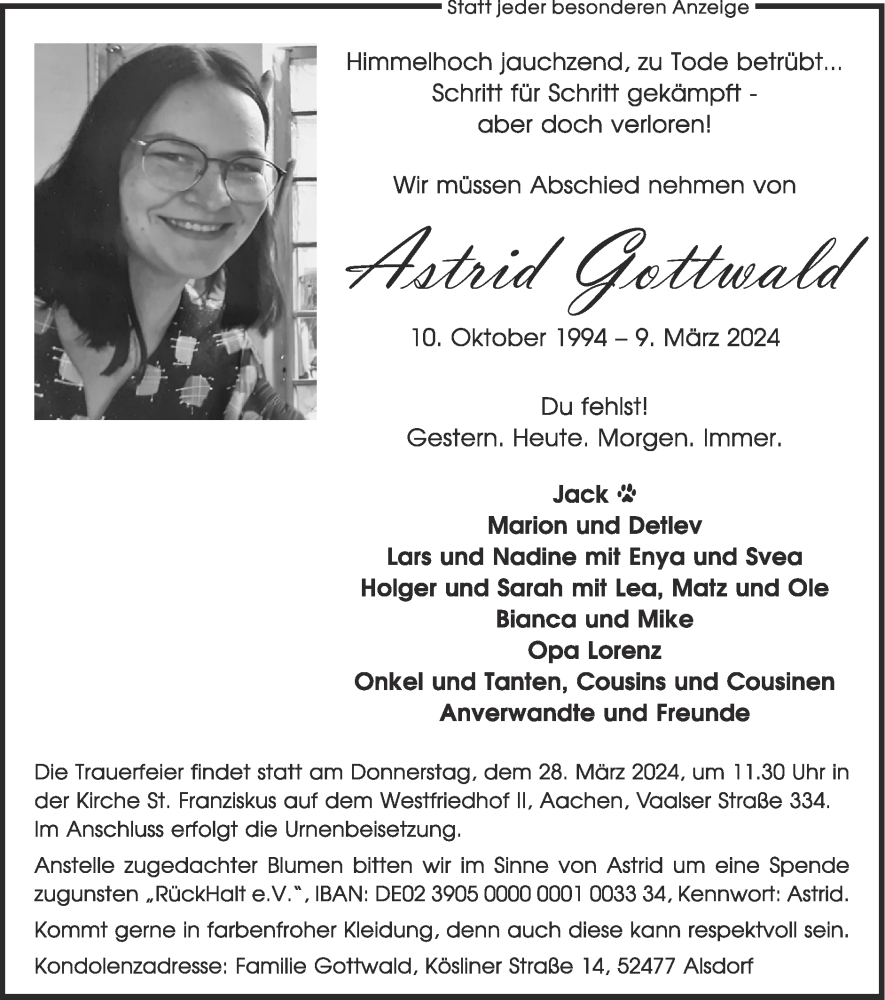  Traueranzeige für Astrid Gottwald vom 24.03.2024 aus Zeitung am Sonntag