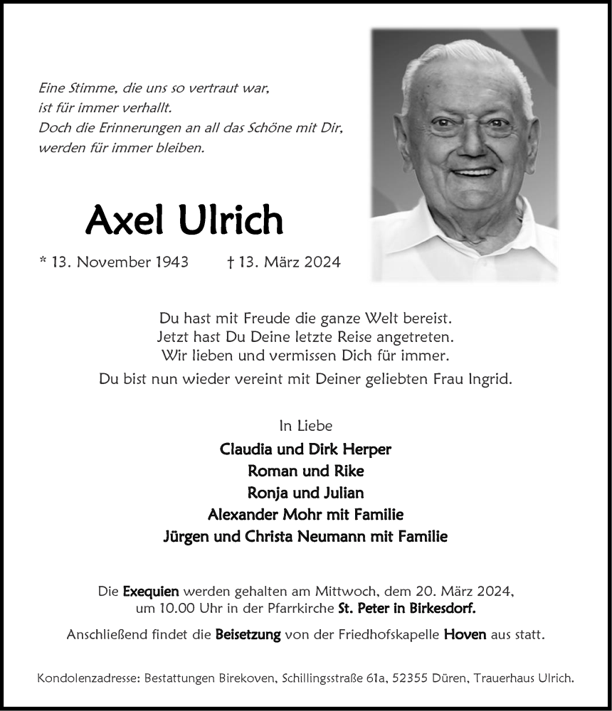  Traueranzeige für Axel Ulrich vom 16.03.2024 aus Aachener Zeitung