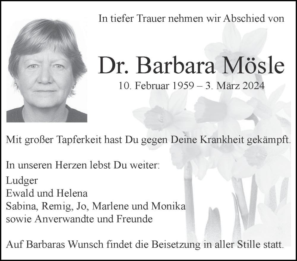  Traueranzeige für Barbara Mösle vom 09.03.2024 aus Aachener Zeitung