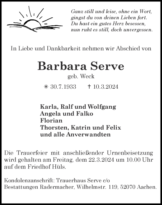 Traueranzeige von Barbara Serve von Zeitung am Sonntag