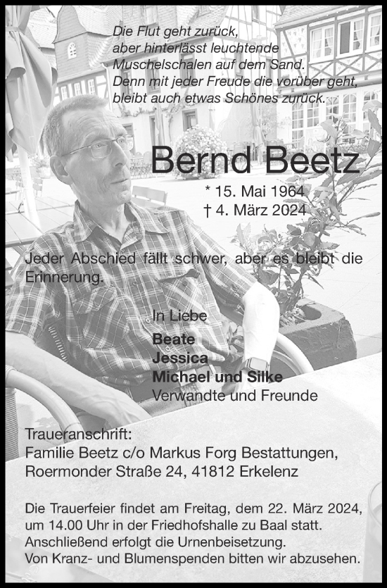 Traueranzeige von Bernd Beetz von Zeitung am Sonntag