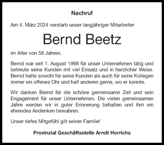 Traueranzeige von Bernd Beetz von Zeitung am Sonntag