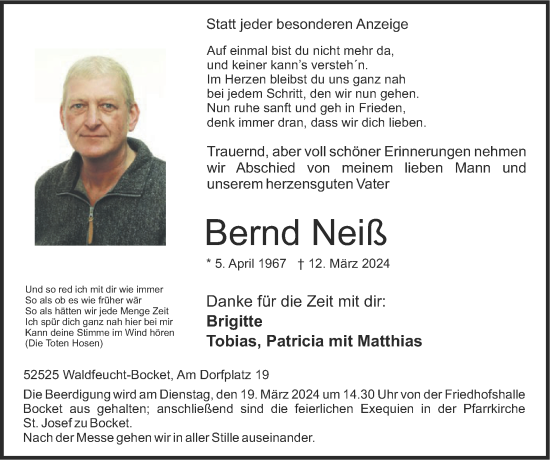 Traueranzeige von Bernd Neiß von Zeitung am Sonntag