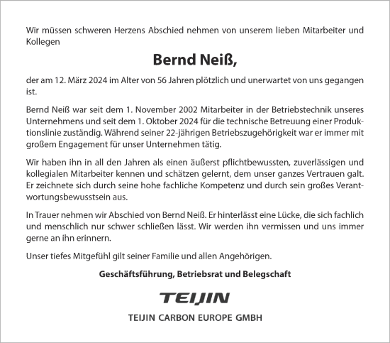 Traueranzeige von Bernd Neiß von Zeitung am Sonntag