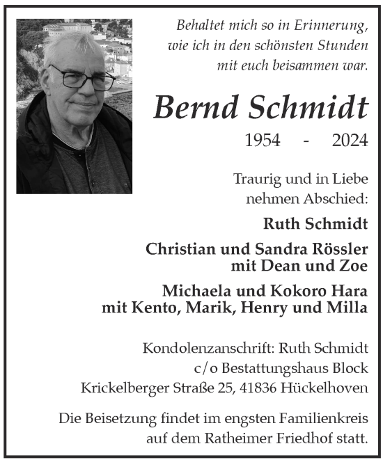 Traueranzeige von Bernd Schmidt von Zeitung am Sonntag