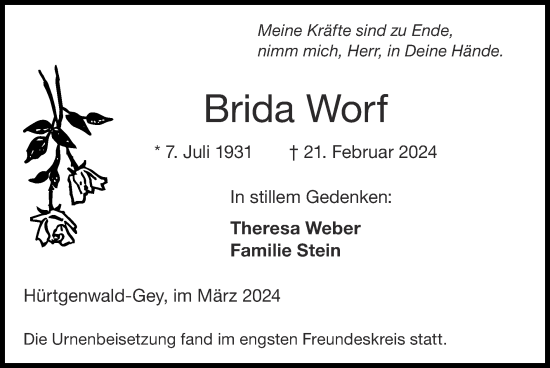 Traueranzeige von Brida Worf von Zeitung am Sonntag