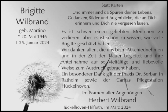Traueranzeige von Brigitte Wilbrand von Zeitung am Sonntag