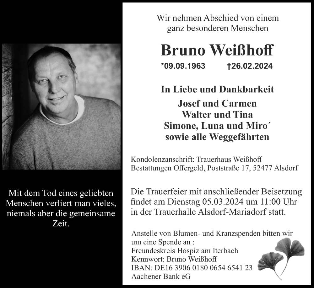 Traueranzeige für Bruno Weißhoff vom 03.03.2024 aus Zeitung am Sonntag