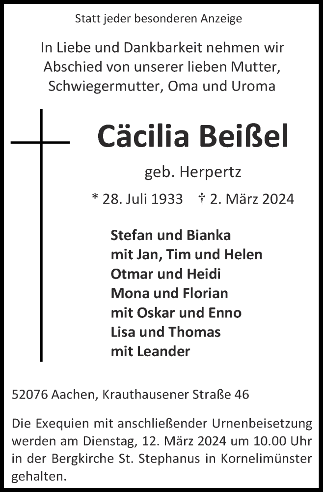  Traueranzeige für Cäcilia Beißel vom 10.03.2024 aus Zeitung am Sonntag