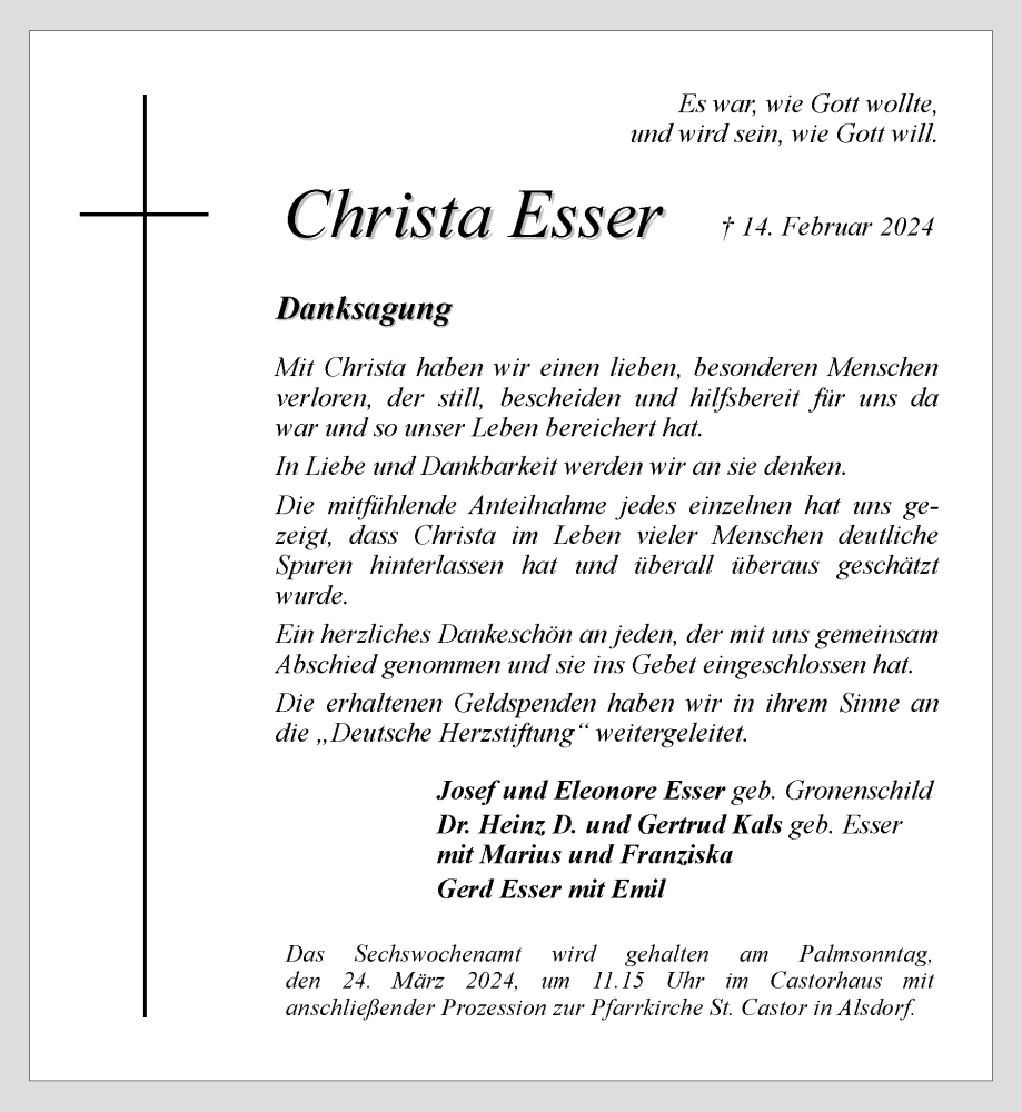  Traueranzeige für Chriistta Esser vom 17.03.2024 aus Zeitung am Sonntag