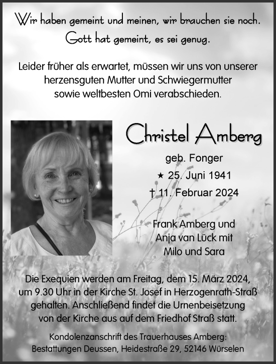 Traueranzeige von Christel Amberg von Aachener Zeitung