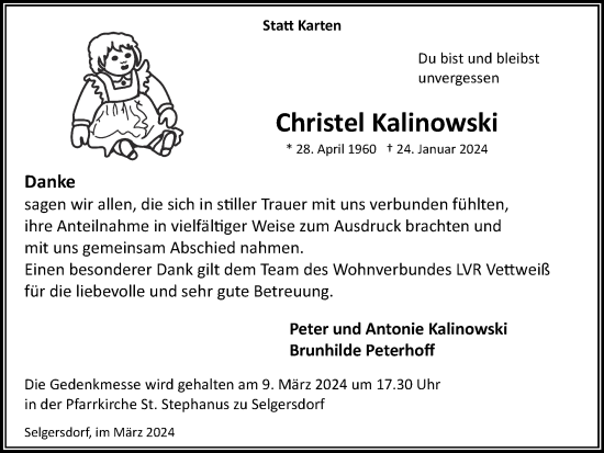 Traueranzeige von Christel Kalinowski von Zeitung am Sonntag