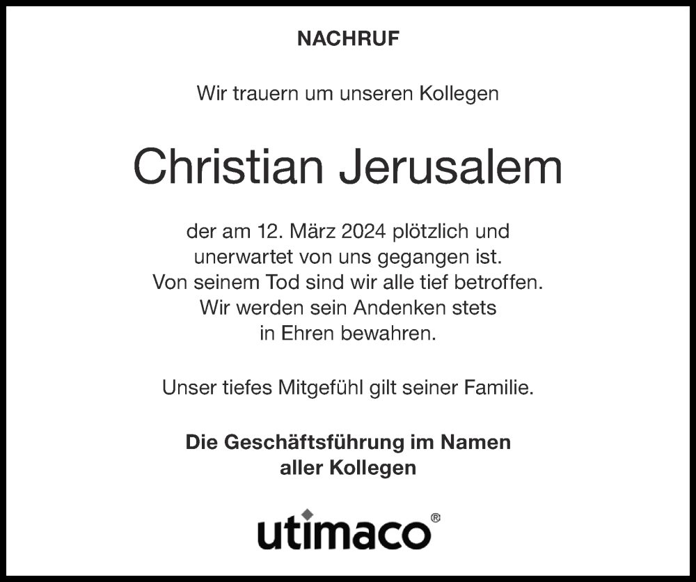  Traueranzeige für Christian Jerusalem vom 24.03.2024 aus Zeitung am Sonntag