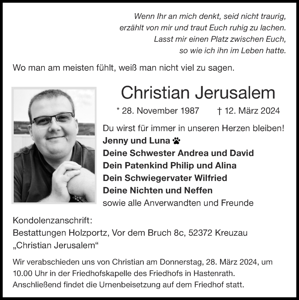  Traueranzeige für Christian Jerusalem vom 24.03.2024 aus Zeitung am Sonntag