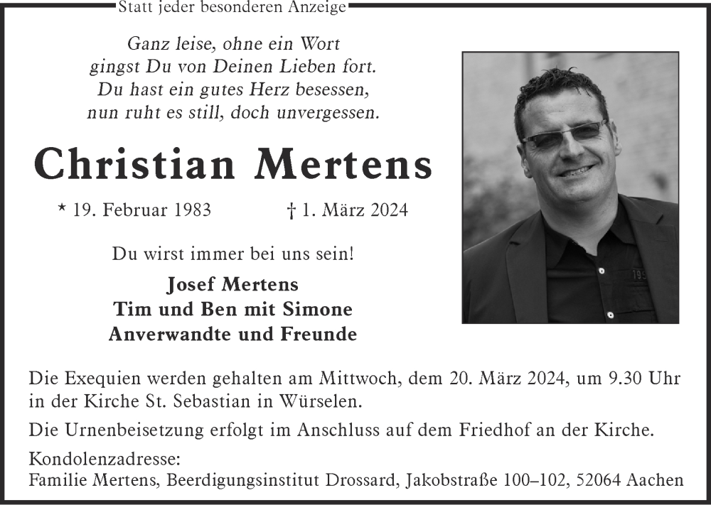  Traueranzeige für Christian Mertens vom 17.03.2024 aus Zeitung am Sonntag