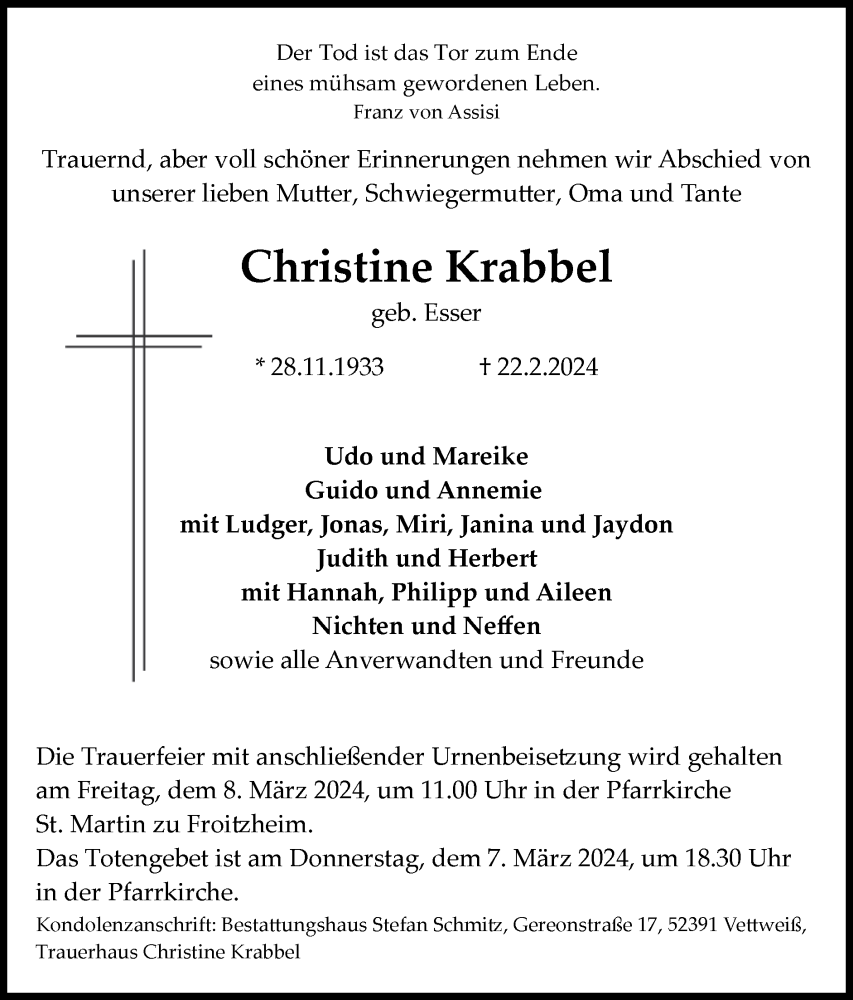  Traueranzeige für Christine Krabbel vom 03.03.2024 aus Zeitung am Sonntag