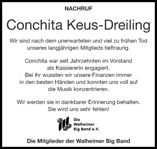 Traueranzeige von Conchita Keus-Dreiling von Zeitung am Sonntag