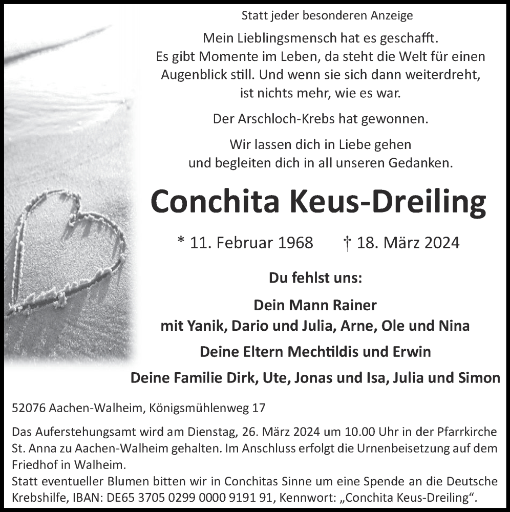  Traueranzeige für Conchita Keus-Dreiling vom 24.03.2024 aus Zeitung am Sonntag