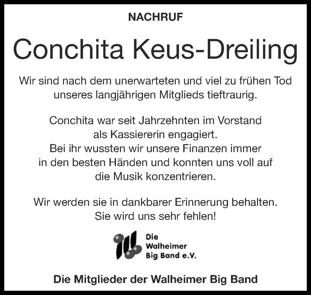  Traueranzeige für Conchita Keus-Dreiling vom 24.03.2024 aus Zeitung am Sonntag