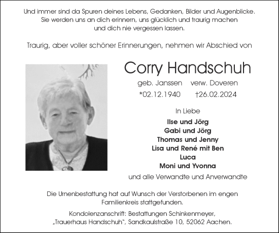 Traueranzeige von Corry Handschuh von Zeitung am Sonntag