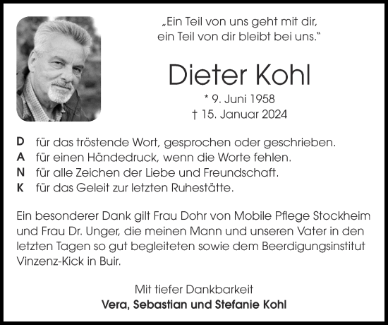 Traueranzeige von Dieter Kohl von Zeitung am Sonntag
