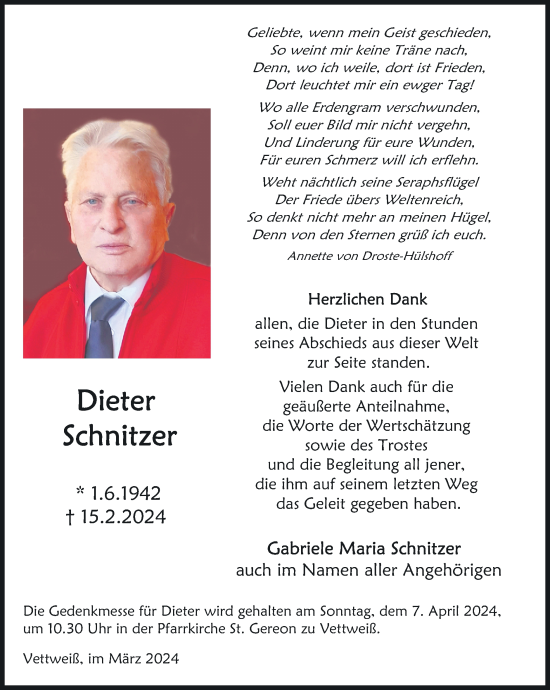 Traueranzeige von Dieter Schnitzer von Zeitung am Sonntag