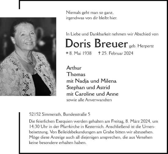 Traueranzeige von Doris Breuer von Zeitung am Sonntag