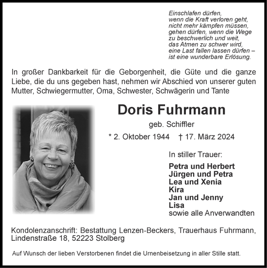 Traueranzeige von Doris Fuhrmann von Zeitung am Sonntag