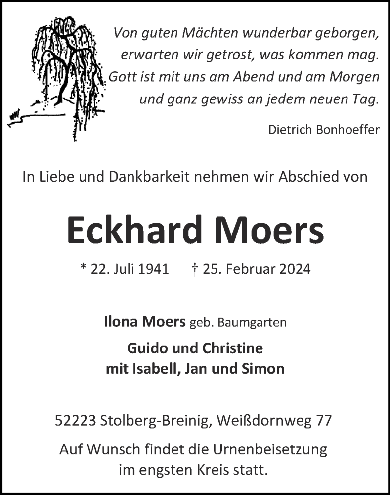  Traueranzeige für Eckhard Moers vom 03.03.2024 aus Zeitung am Sonntag