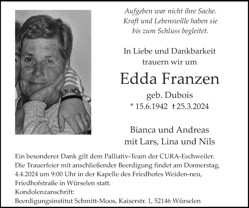  Traueranzeige für Edda Franzen vom 31.03.2024 aus Zeitung am Sonntag
