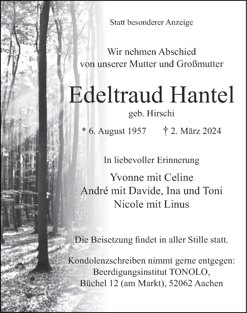  Traueranzeige für Edeltraud Hantel vom 17.03.2024 aus Zeitung am Sonntag