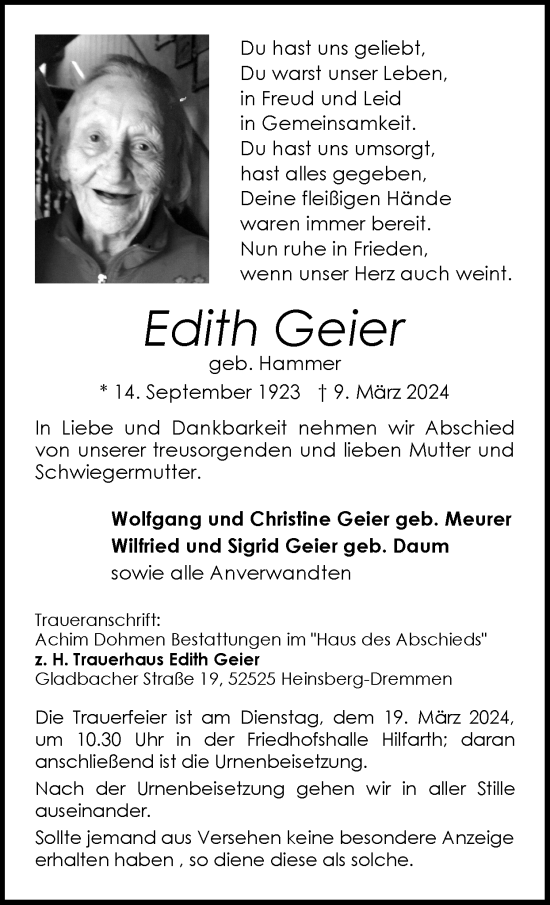 Traueranzeige von Edith Geier von Zeitung am Sonntag