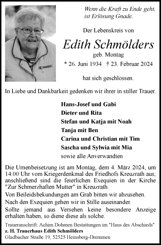 Traueranzeige von Edith Schmölders von Zeitung am Sonntag