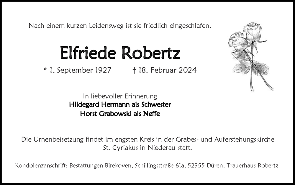 Traueranzeige für Elfriede Robertz vom 03.03.2024 aus Zeitung am Sonntag