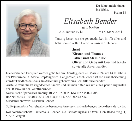 Traueranzeige von Elisabeth Bender von Zeitung am Sonntag
