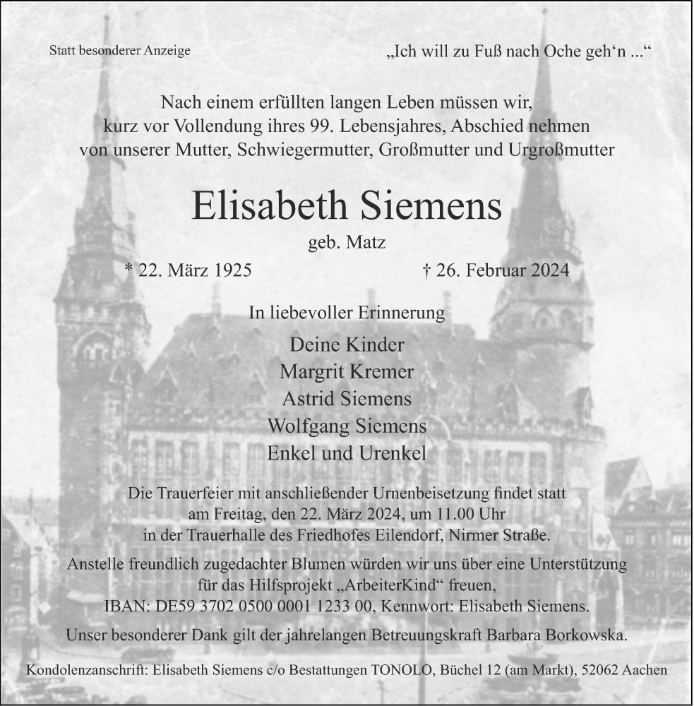  Traueranzeige für Elisabeth Siemens vom 16.03.2024 aus Aachener Zeitung